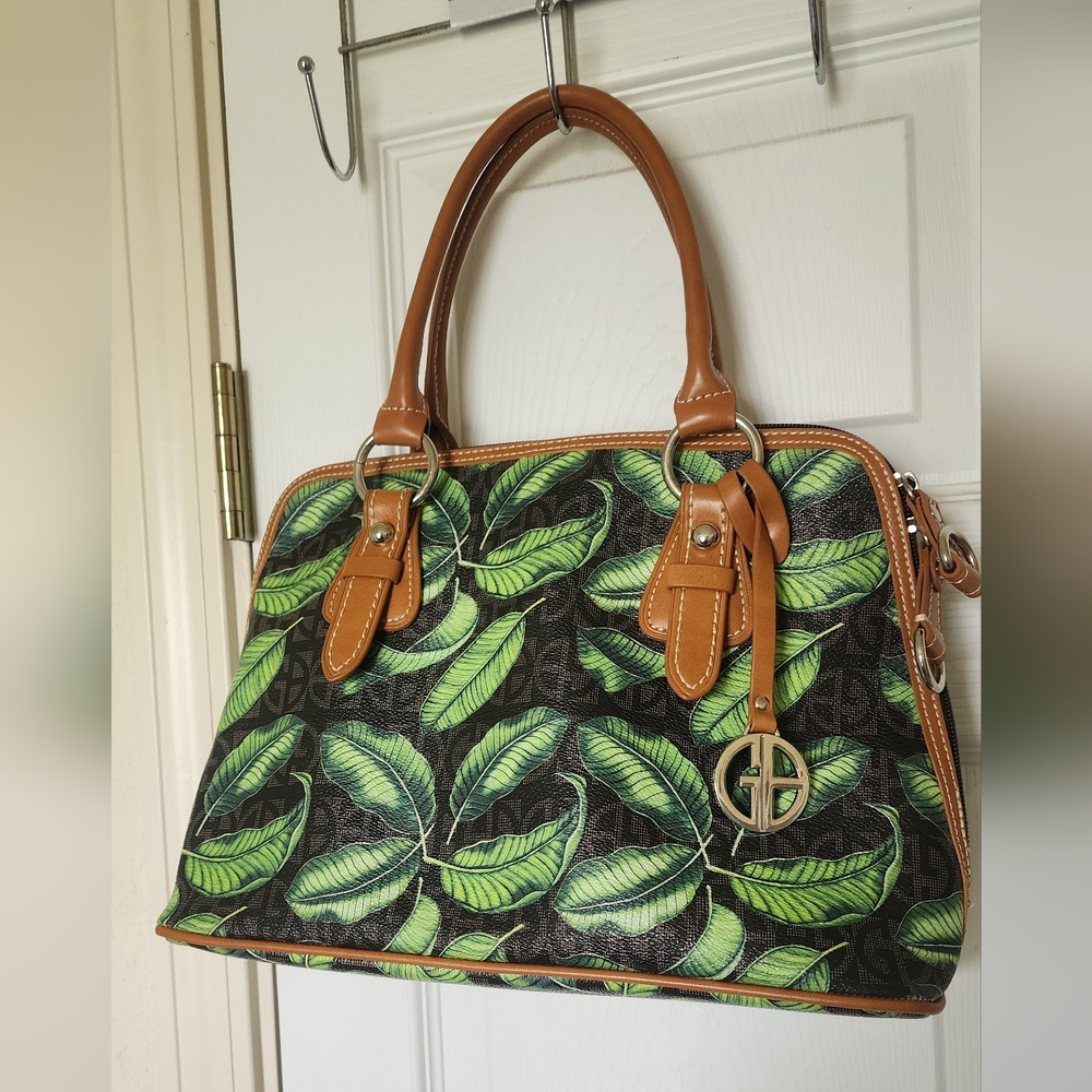 Giani Bernini Green and Tan Satchel with Botanical Print